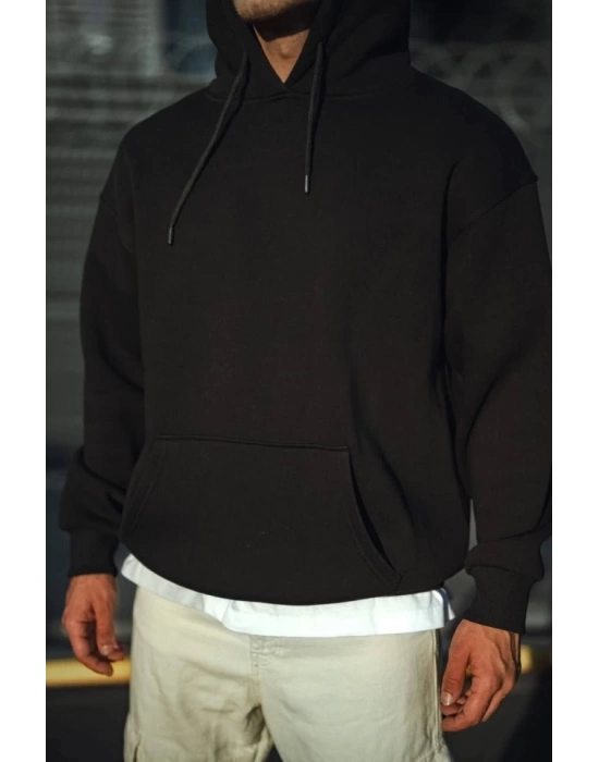 Üç İplik Penye Kapşonlu Basic SweatShirt - Siyah