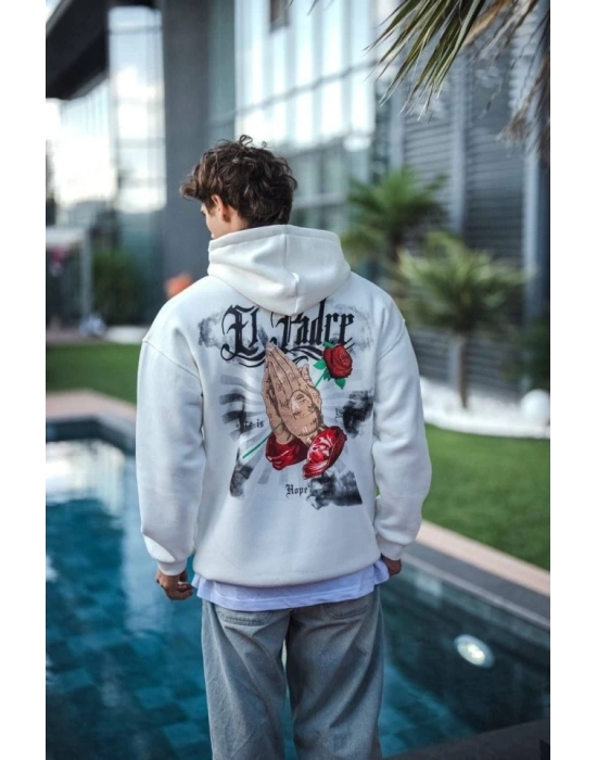 Üç İplik Penye Kapşonlu Baskılı SweatShirt - Beyaz