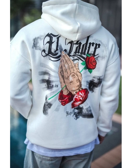Üç İplik Penye Kapşonlu Baskılı SweatShirt - Beyaz