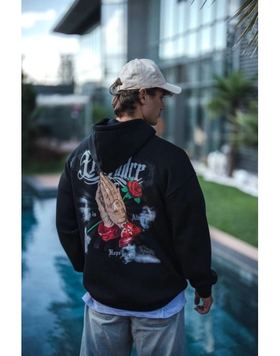 Üç İplik Penye Kapşonlu Baskılı SweatShirt - Siyah