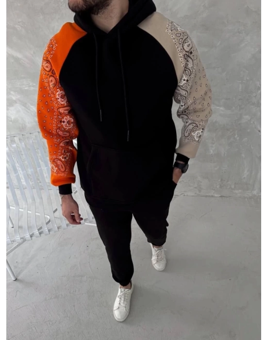 Üç İplik Penye Kapşonlu Parçalı SweatShirt - Siyah