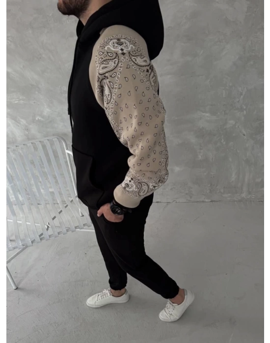 Üç İplik Penye Kapşonlu Parçalı SweatShirt - Siyah