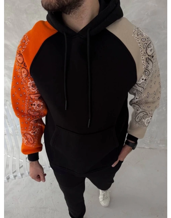 Üç İplik Penye Kapşonlu Parçalı SweatShirt - Siyah