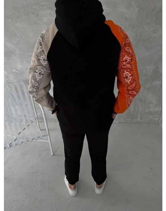 Üç İplik Penye Kapşonlu Parçalı SweatShirt - Siyah