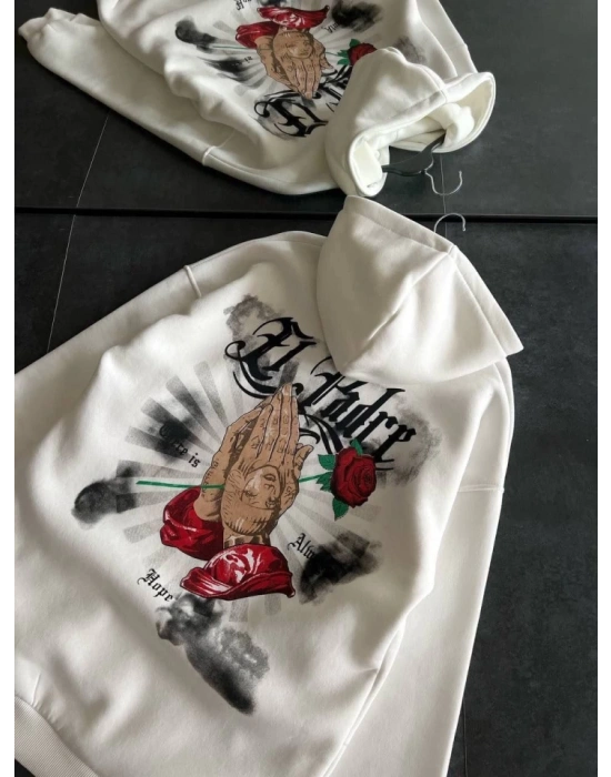 Üç İplik Penye Uzun Kol Kapşonlu Baskılı SweatShirt - Beyaz