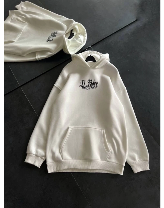 Üç İplik Penye Uzun Kol Kapşonlu Baskılı SweatShirt - Beyaz