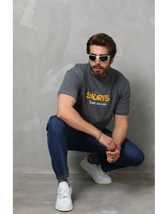 Unisex Basic Bisiklet Yaka Oversize T-Shirt - Füme