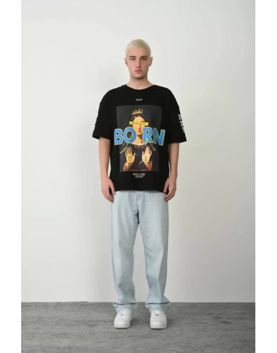 Unisex Baskılı Bisiklet Yaka Oversize T-Shirt - Siyah