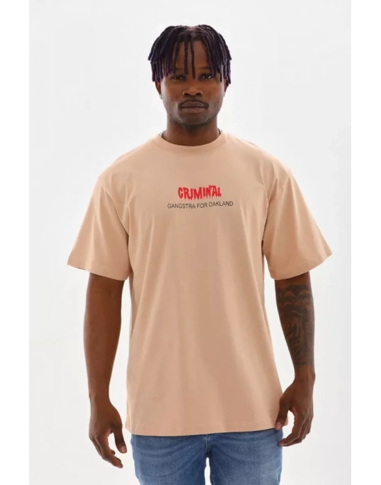 Unisex Baskılı Oversize T-Shirt - Bej