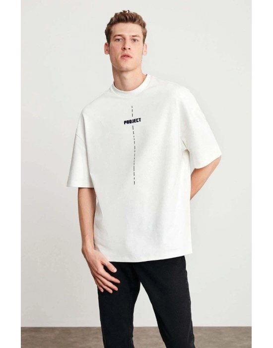 Unisex Baskılı Oversize T-Shirt - Beyaz