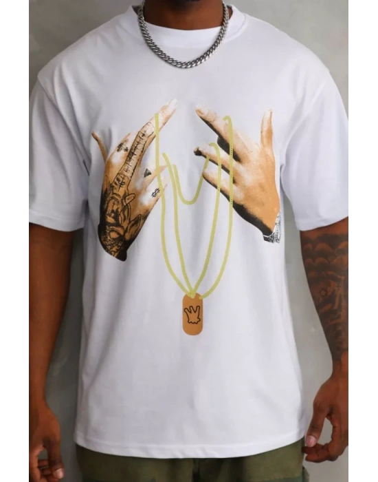 Unisex Baskılı Oversize T-Shirt - Beyaz