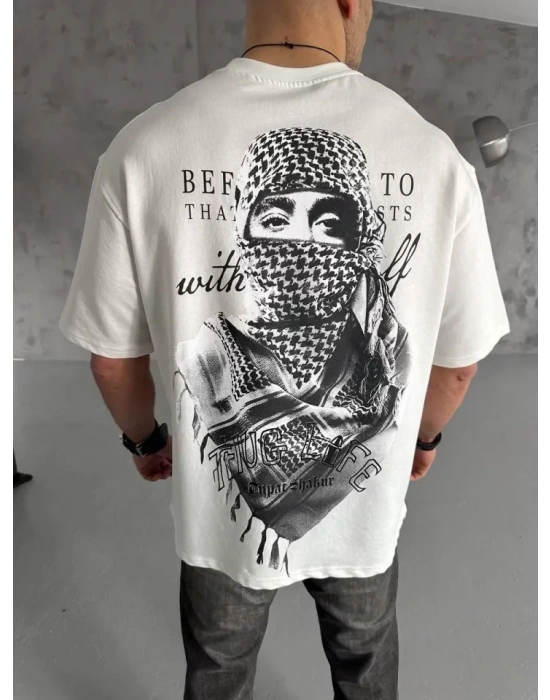 Unisex Baskılı Oversize T-Shirt - Beyaz