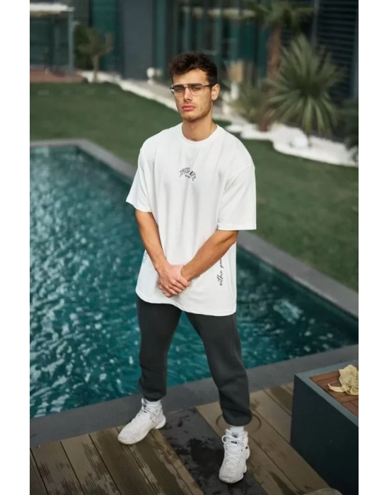 Unisex Baskılı Oversize T-Shirt - Beyaz