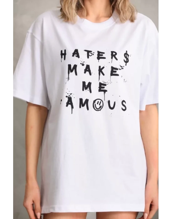 Unisex Baskılı Oversize T-Shirt - Beyaz