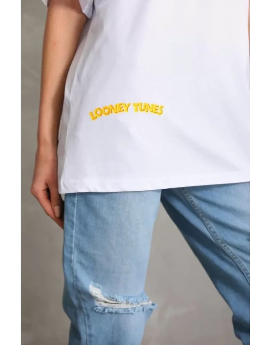 Unisex Baskılı Oversize T-Shirt - Beyaz