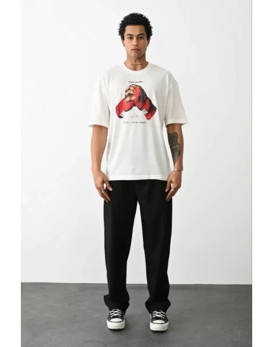 Unisex Baskılı Oversize T-Shirt - Beyaz