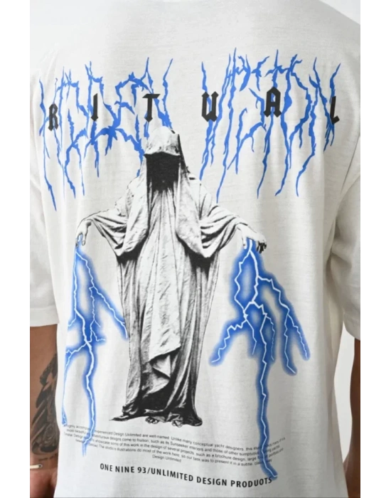 Unisex Baskılı Oversize T-Shirt - Beyaz