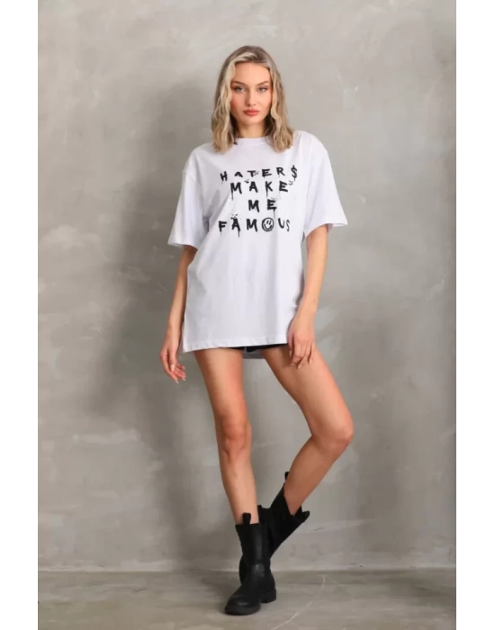 Unisex Baskılı Oversize T-Shirt - Beyaz