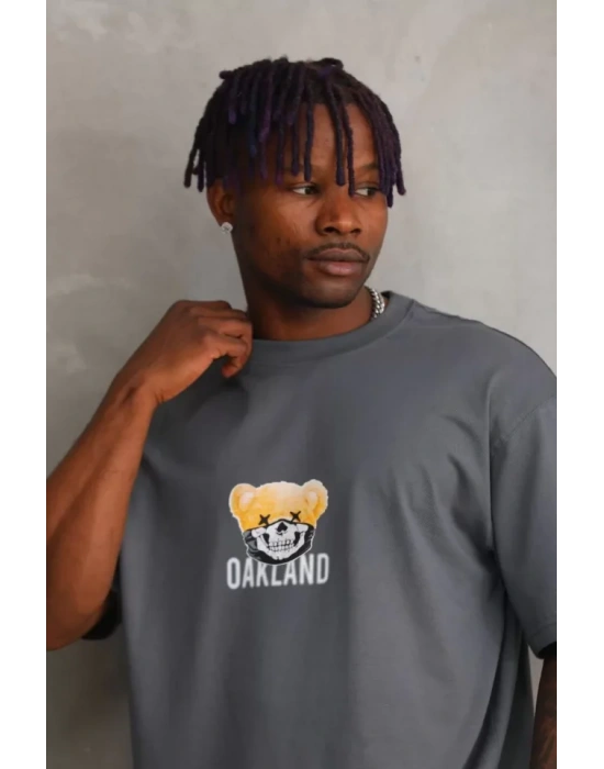 Unisex Baskılı Oversize T-Shirt - Füme