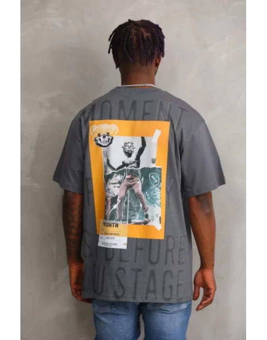 Unisex Baskılı Oversize T-Shirt - Füme