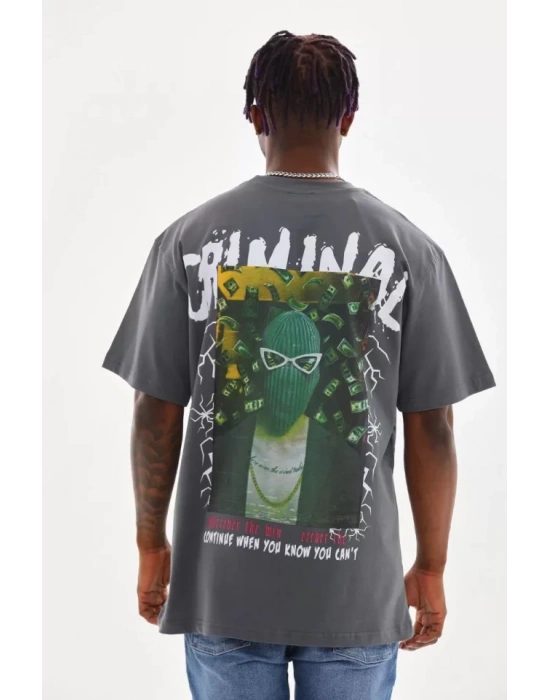 Unisex Baskılı Oversize T-Shirt - Füme