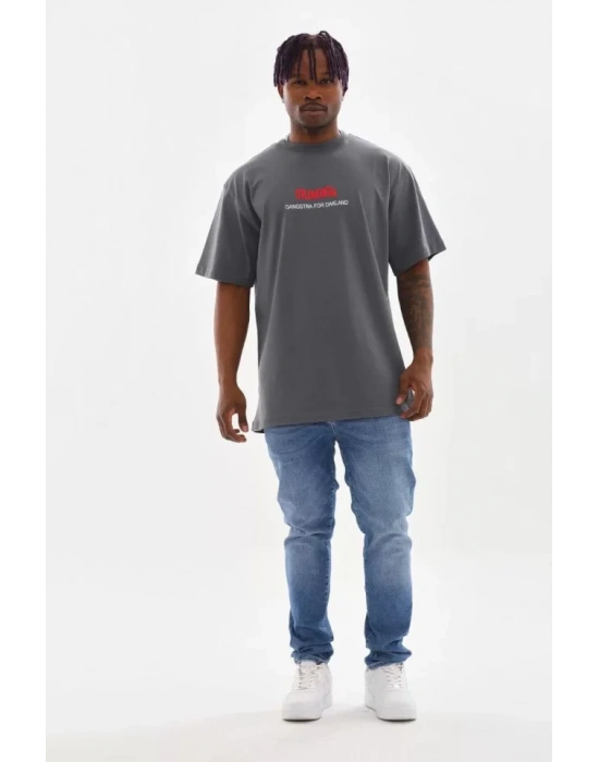 Unisex Baskılı Oversize T-Shirt - Füme