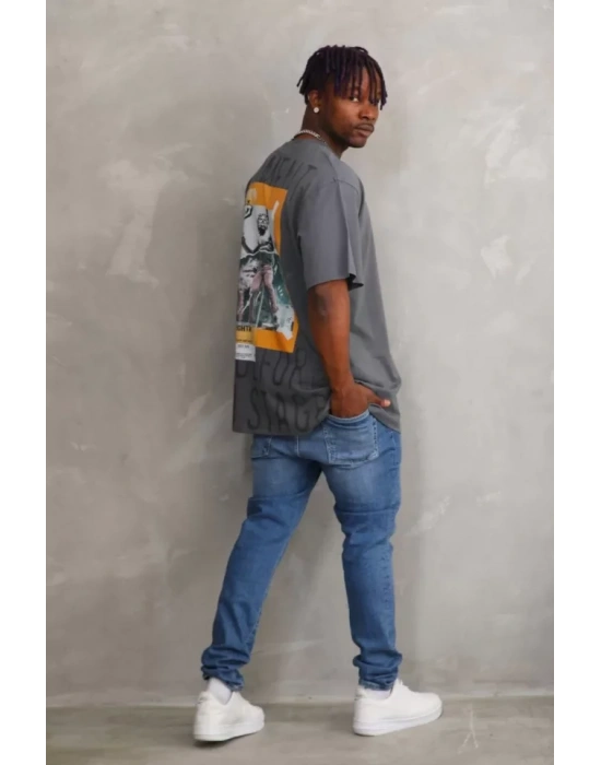 Unisex Baskılı Oversize T-Shirt - Füme
