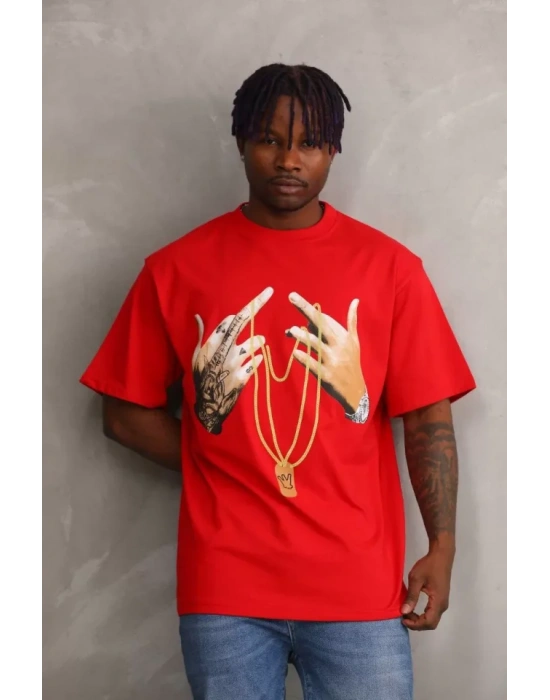 Unisex Baskılı Oversize T-Shirt - Kırmızı