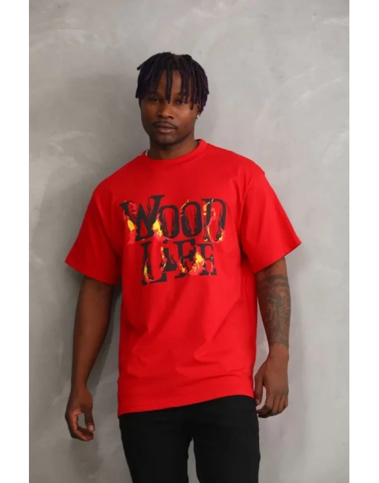 Unisex Baskılı Oversize T-Shirt - Kırmızı