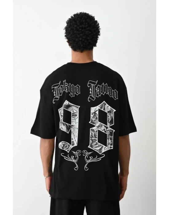Unisex Baskılı Oversize T-Shirt - Siyah