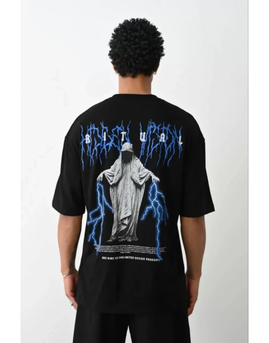 Unisex Baskılı Oversize T-Shirt - Siyah