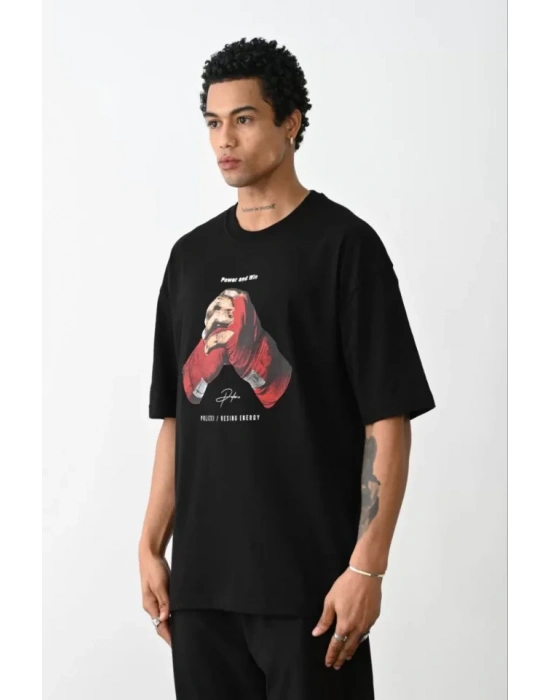 Unisex Baskılı Oversize T-Shirt - Siyah