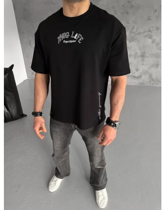 Unisex Baskılı Oversize T-Shirt - Siyah