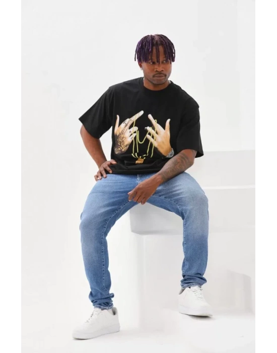 Unisex Baskılı Oversize T-Shirt - Siyah