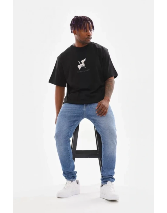 Unisex Baskılı Oversize T-Shirt - Siyah
