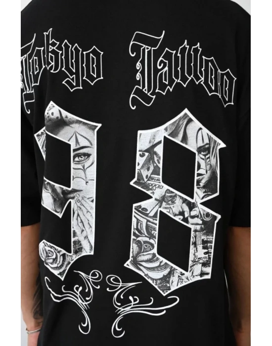 Unisex Baskılı Oversize T-Shirt - Siyah