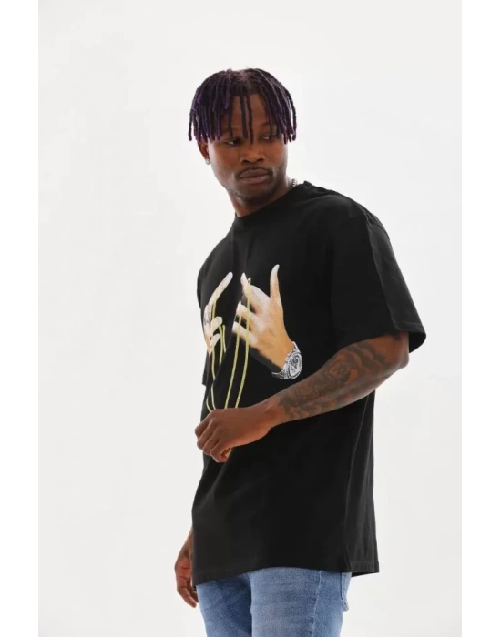 Unisex Baskılı Oversize T-Shirt - Siyah