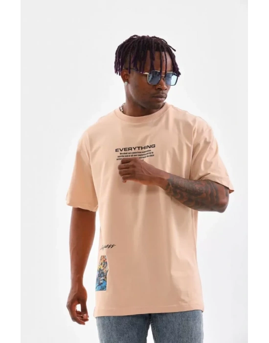 Unisex Bisiklet Yaka Baskılı Oversize T-Shirt - Bej