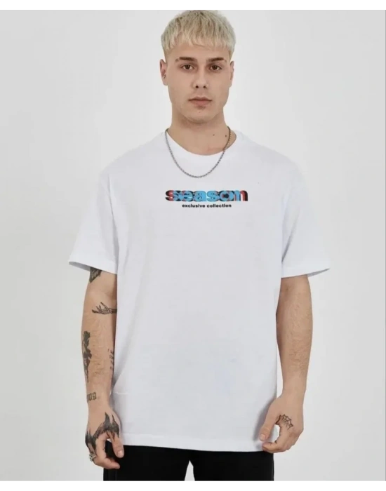 Unisex Bisiklet Yaka Baskılı Oversize T-Shirt - Beyaz
