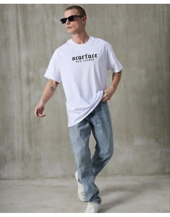 Unisex Bisiklet Yaka Baskılı Oversize T-Shirt - Beyaz