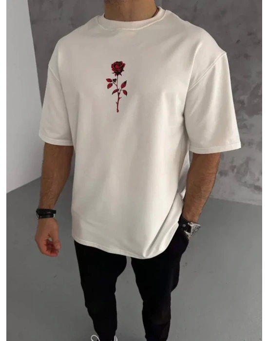 Unisex Bisiklet Yaka Baskılı Oversize T-Shirt - Beyaz