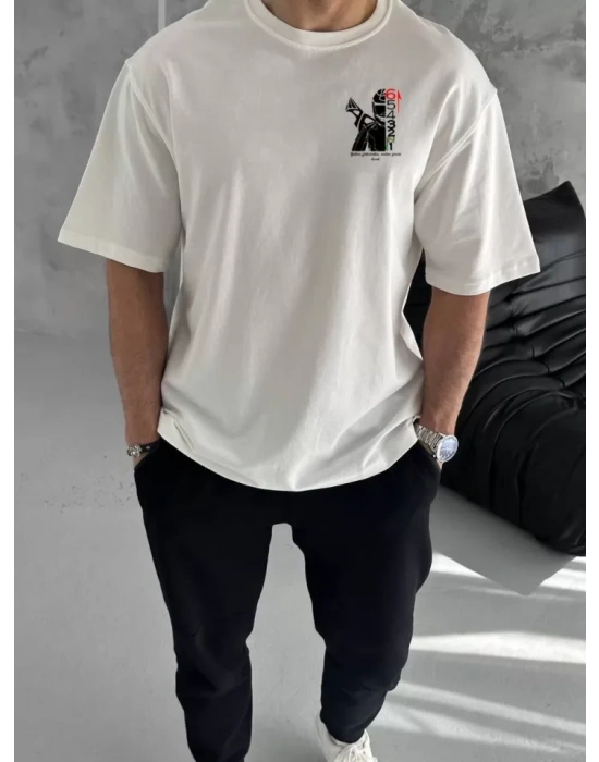 Unisex Bisiklet Yaka Baskılı Oversize T-Shirt - Beyaz