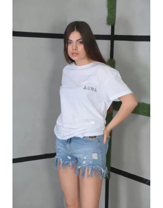 Unisex Bisiklet Yaka Baskılı Oversize T-Shirt- Beyaz