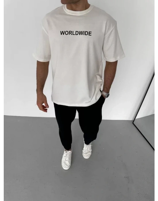 Unisex Bisiklet Yaka Baskılı Oversize T-Shirt - Beyaz