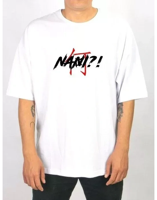 Unisex Bisiklet Yaka Baskılı Oversize T-Shirt - Beyaz