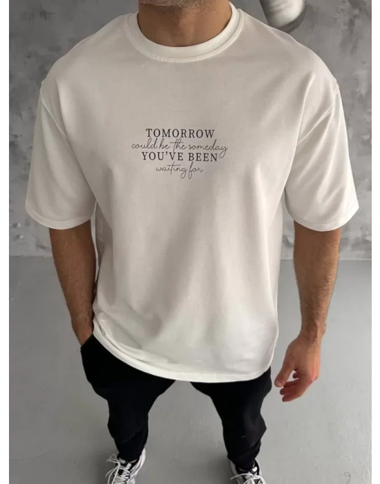 Unisex Bisiklet Yaka Baskılı Oversize T-Shirt - Beyaz