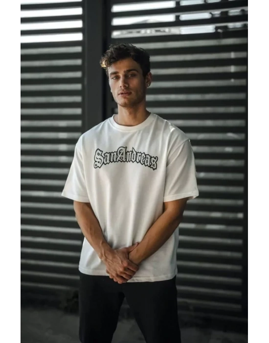 Unisex Bisiklet Yaka Baskılı Oversize T-Shirt - Beyaz