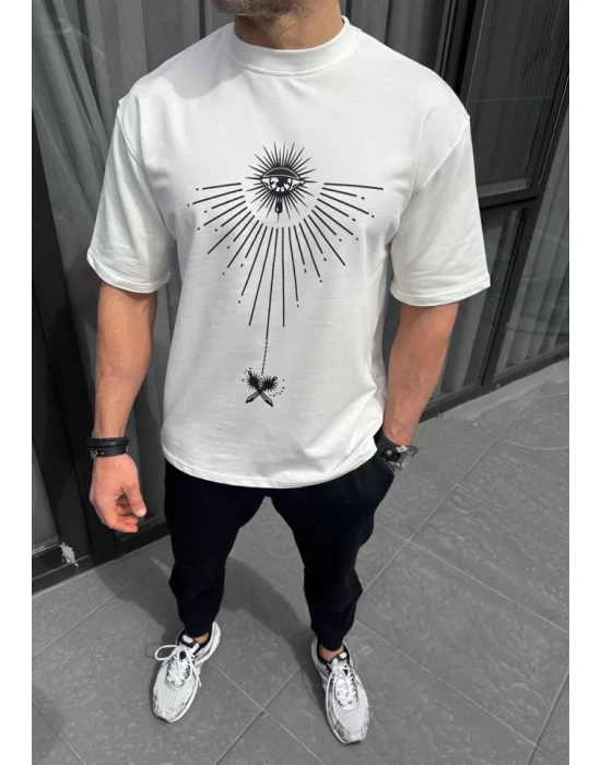 Unisex Bisiklet Yaka Baskılı Oversize T-Shirt - Beyaz