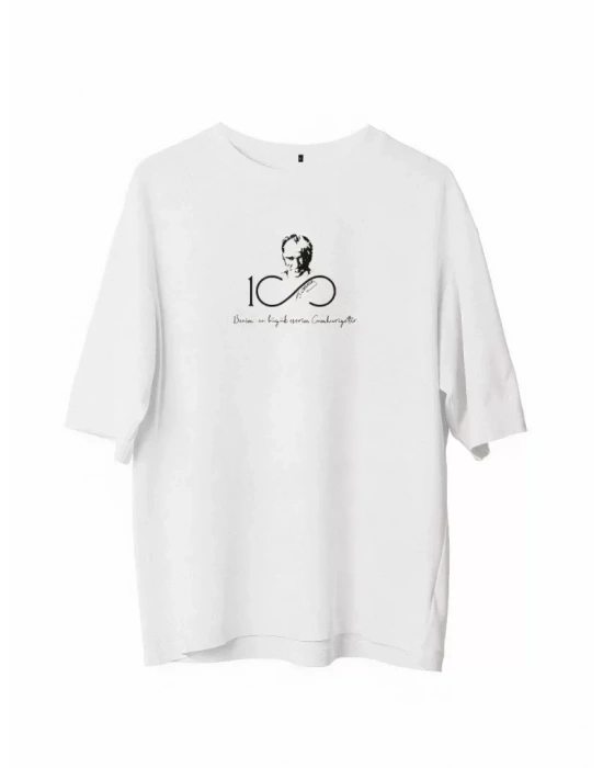 Unisex Bisiklet Yaka Baskılı Oversize T-Shirt - Beyaz