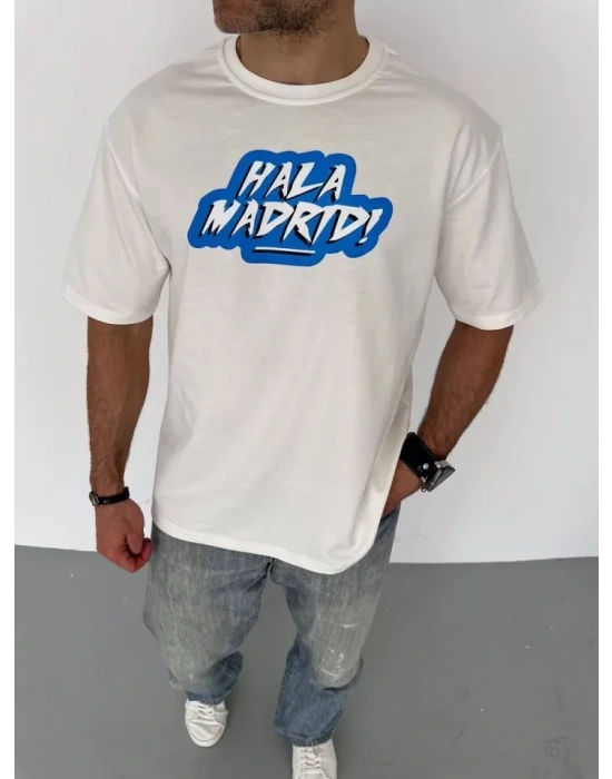 Unisex Bisiklet Yaka Baskılı Oversize T-Shirt - Beyaz